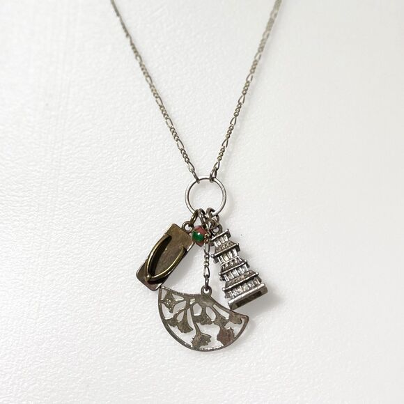 VTG Charm Necklace Asian Theme Mixed Metal Pagoda Geta Sandal Fan Cloisonne Bead - Picture 1 of 9